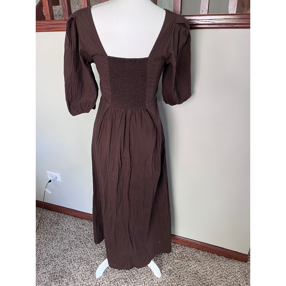 A New Day Brown Seersucker Puff Sleeve Midi Dress Smocked Back Square Neck Small - Picture 3 of 8